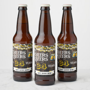 Cheers and Beers to 34 Years Rustic Birthday Beer Bottle Label