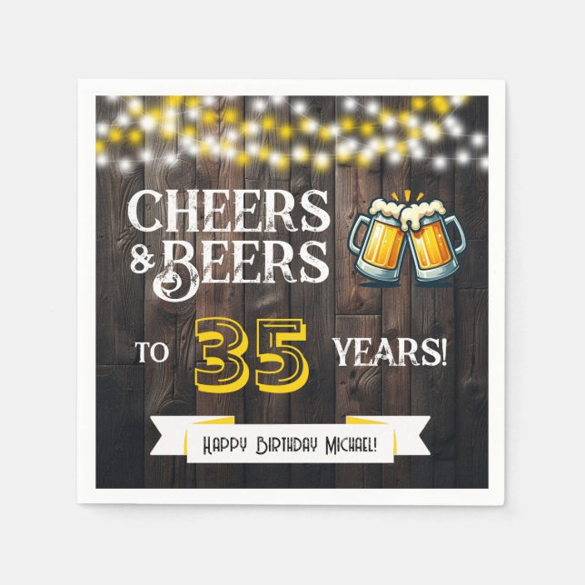 Cheers and Beers to 35 Years Rustic Birthday Party Napkin (Front)