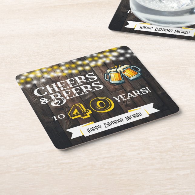 Cheers and Beers to 40 Years Rustic Birthday Square Paper Coaster (Angled)