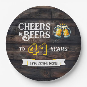 Cheers and Beers to 41 Years Rustic Birthday Paper Plate