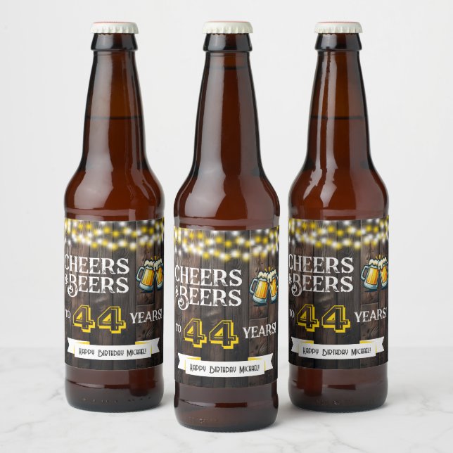 Cheers and Beers to 44 Years Rustic Birthday Beer Bottle Label (Bottles)