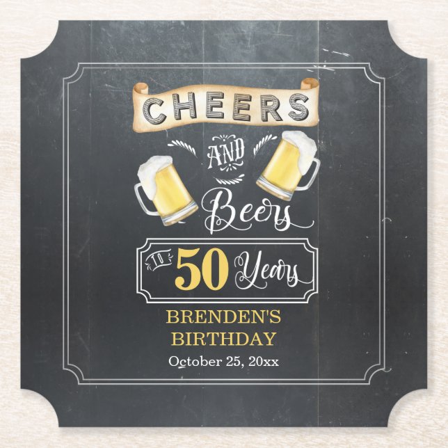 Cheers and Beers to 50 Years Birthday Party  Paper Coaster (Front)