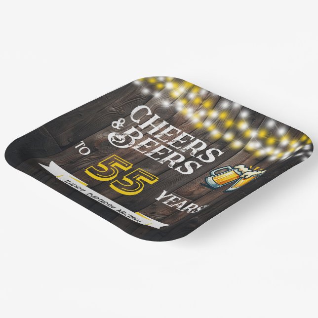 Cheers and Beers to 55 Years Rustic Birthday Paper Plate (Angled)