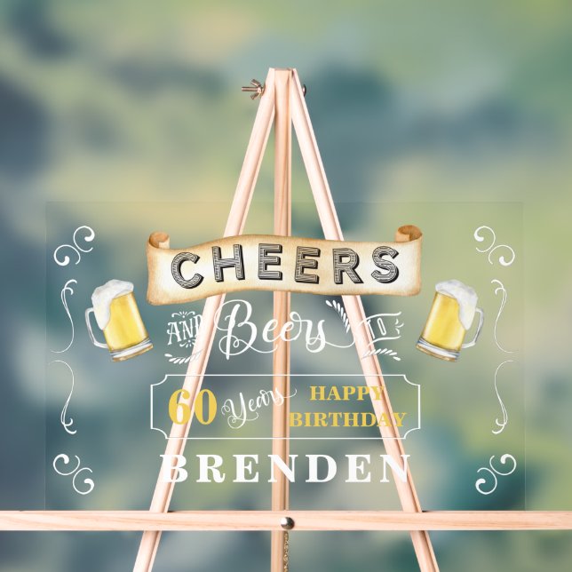 Cheers and Beers to 60 Years Birthday Party Acrylic Sign (Neutral)