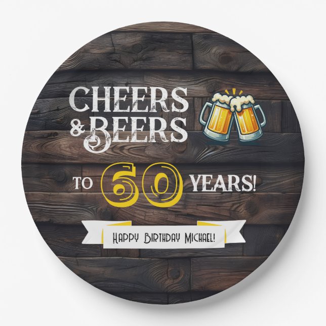 Cheers and Beers to 60 Years Rustic Birthday Paper Plate (Front)