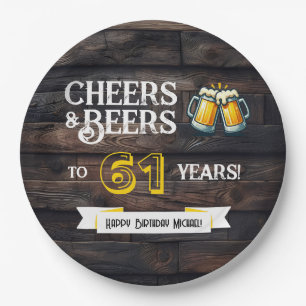 Cheers and Beers to 61 Years Rustic Birthday Paper Plate