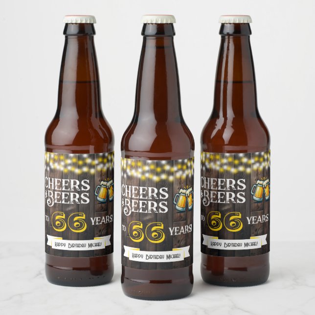 Cheers and Beers to 66 Years Rustic Birthday Beer Bottle Label (Bottles)