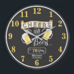 Cheers and Beers to 70 Years Birthday Large Clock<br><div class="desc">Celebrate your 70th Birthday in style with this rustic "Cheers and Beers" chalkboard vintage barroom look design.  Composite design by Holiday Hearts Designs (rights reserved).</div>