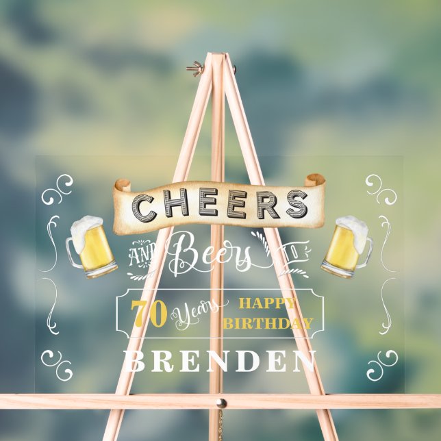 Cheers and Beers to 70 Years Birthday Party Acrylic Sign (Neutral)