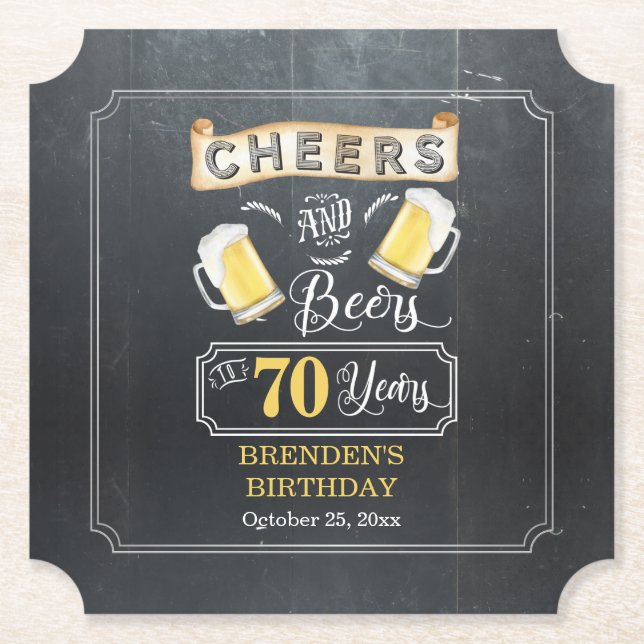 Cheers and Beers to 70 Years Birthday Party  Paper Coaster (Front)