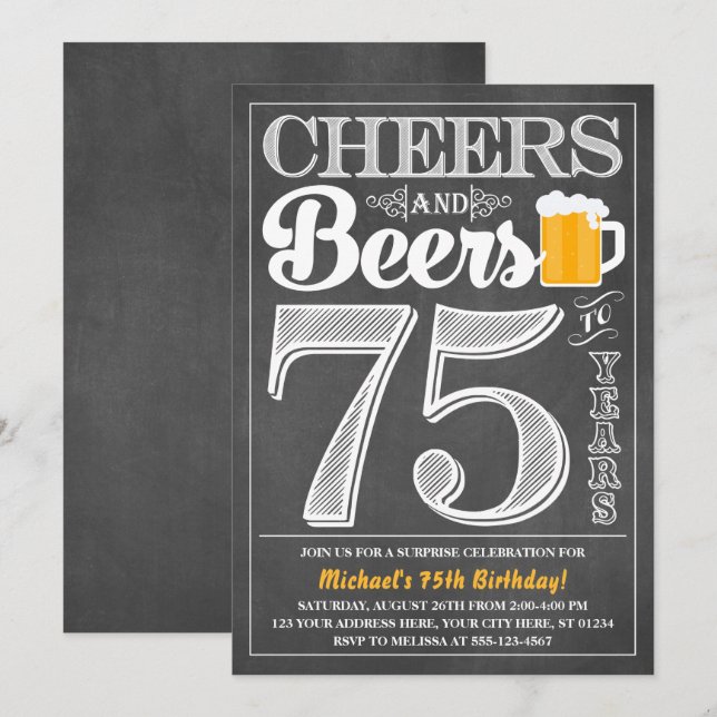 Cheers and Beers to 75 Years Birthday Invitation (Front/Back)