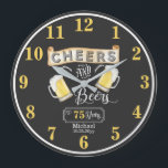Cheers and Beers to 75 Years Birthday  Large Clock<br><div class="desc">Celebrate your 75th Birthday in style with this rustic "Cheers and Beers" chalkboard vintage barroom look design.  Composite design by Holiday Hearts Designs (rights reserved).</div>