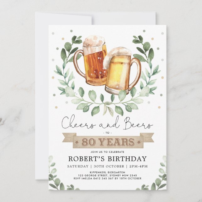Cheers and Beers to 80 Years Adult Men Birthday Invitation (Front)