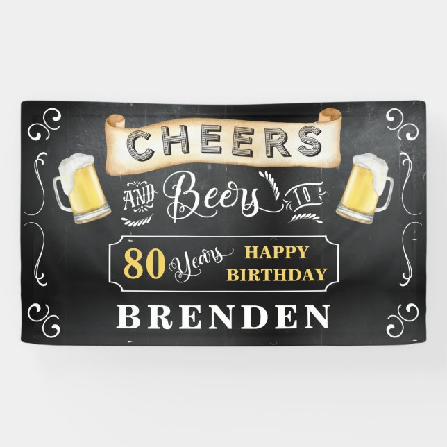 Cheers and Beers to 80 Years Birthday Party Banner (Horizontal)