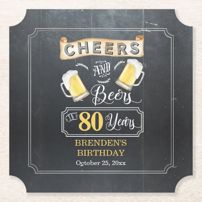 Cheers and Beers to 80 Years Birthday Party  Paper Coaster (Front)