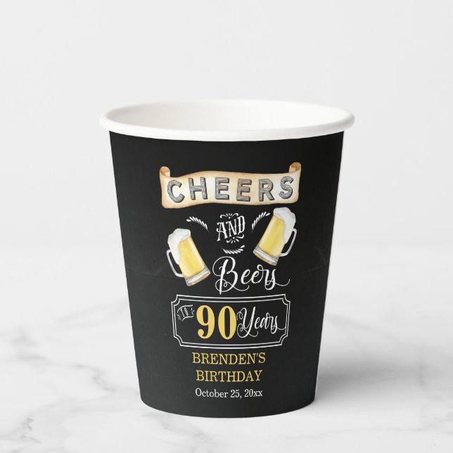Cheers and Beers to 90 Years Birthday Party  Paper Cups (Back)