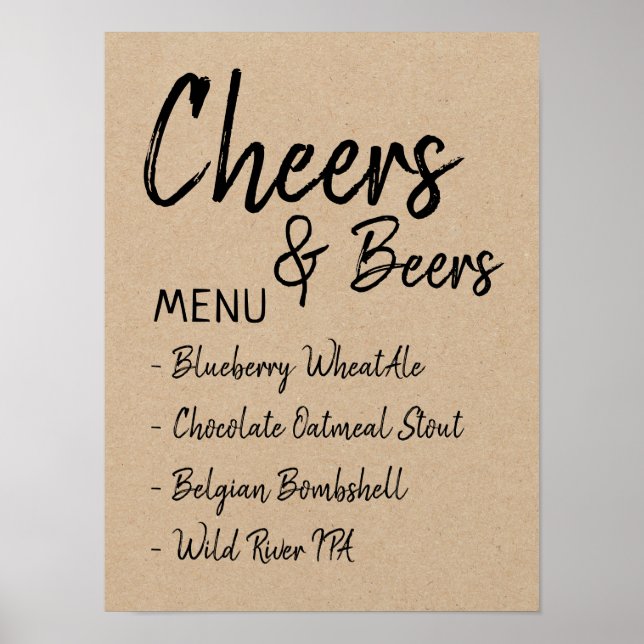 Cheers and Beers Wedding Bridal Shower Beer Menu Poster (Front)