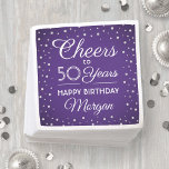 Cheers Any Birthday Silver Glitter Purple & White Napkin<br><div class="desc">Add an elegant personalised touch to birthday party decorations with these custom purple, white and faux silver glitter paper napkins. Design features modern script calligraphy customisable "Cheers to 50 Years" and simulated glitter confetti dots on a purple background. This template is set up for a 50th birthday celebration, but is...</div>