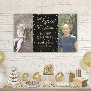 Cheers Any Year Birthday 2 Photo Black Gold 50th Banner