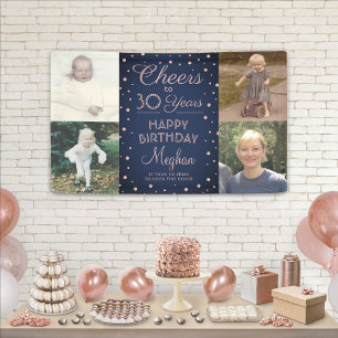Cheers Any Year Birthday 4 Photo Pink Gold Navy Banner