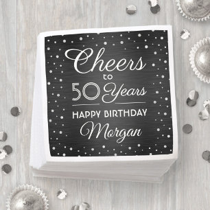 Cheers Any Year Birthday Confetti Black and Silver Napkin