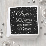 Cheers Any Year Birthday Confetti Black and Silver Napkin<br><div class="desc">Add an elegant personalised touch to birthday party decorations with these custom paper napkins. Design features modern script calligraphy customisable "Cheers to 50 Years" and silver faux foil confetti dots on a black background. This template is set up for a 50th birthday celebration, but is simple to personalise to a...</div>