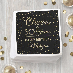 Cheers Any Year Birthday Confetti Black Gold 50th Napkin