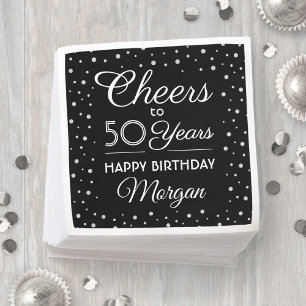 Cheers Any Year Birthday Glitter Black and White Napkin