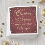 Cheers Any Year Birthday Glitter Burgundy Red Gold Napkin<br><div class="desc">Add an elegant personalised touch to birthday party decorations with these custom burgundy and gold paper napkins. Design features modern script calligraphy customisable "Cheers to 50 Years" and gold faux glitter confetti dots on a maroon red background. Please note that text is printed colour, not metallic foil. This template is...</div>