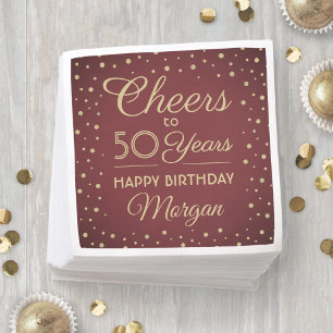 Cheers Any Year Birthday Glitter Burgundy Red Gold Napkin