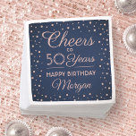 Cheers Any Year Birthday Glitter Navy Blue & Pink Napkin<br><div class="desc">Add an elegant personalised touch to birthday party decorations for her with these custom navy blue and pink rose gold paper napkins. Design features modern script calligraphy customisable "Cheers to 50 Years" and rose gold faux glitter confetti dots on a navy blue background. Please note that text is printed colour,...</div>