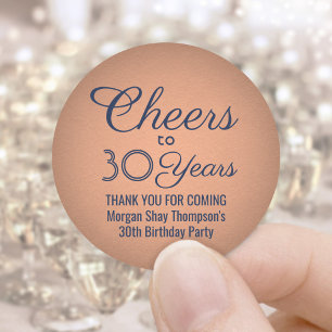 Cheers Any Year Birthday Party Navy Blue & Copper Classic Round Sticker