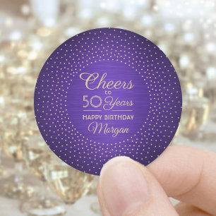 Cheers Any Year Birthday Purple Gold Confetti Chic Classic Round Sticker