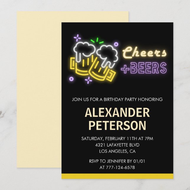 Cheers Beer 23rd birthday invitation Men Neon Glow (Front/Back)
