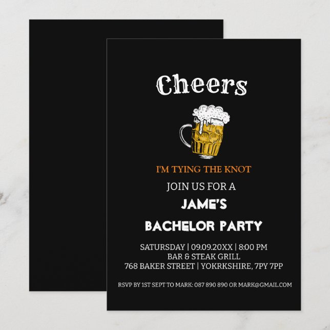 Cheers Beer Black Bachelor Party  Invitation (Front/Back)