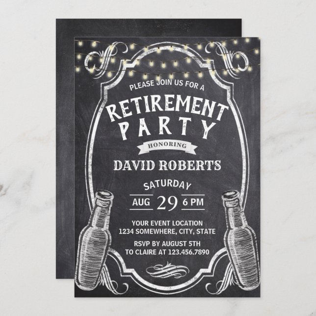 Cheers Beer Rustic Chalkboard Retirement Party Invitation (Front/Back)