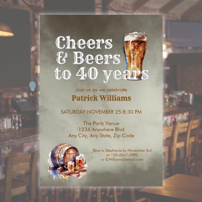 Cheers Beers 40 Years Black Smokey Men's Birthday Invitation (Creator Uploaded)