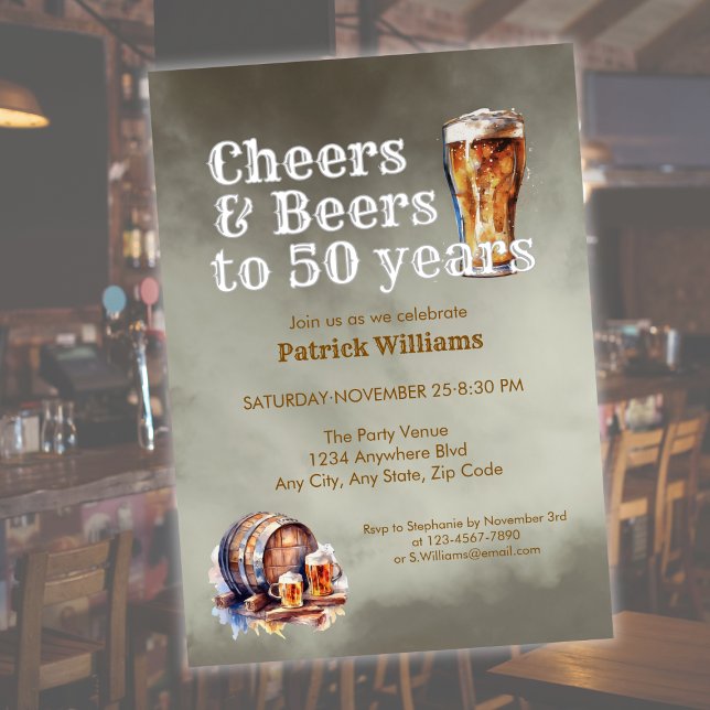 Cheers Beers 50 Years Black Smokey Men's Birthday Invitation (Creator Uploaded)