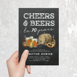 Cheers & Beers 70th Birthday Party Invitation<br><div class="desc">Marking 70 years deserves a unique celebration and our rustic adult 70th birthday party invitations are just that! Featuring a vintage chalkboard background,  watercolor motifs of beers,  a pretzel,  and a beer barrel. The motto? 'Cheers and beers to 70 years'. Personalise instantly with our easy-to-use party template.</div>
