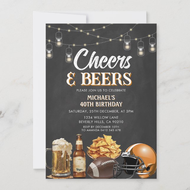 Cheers & Beers Adult Birthday Chalkboard Lights Invitation (Front)