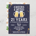 Cheers & Beers Birthday Party Invitation<br><div class="desc">Painted beer mugs on navy blue background,  "CHEERS & BEERS",  Birthday Party Invitation. Pub style pattern on back features,  hops,  wheat,  beer glass,  beer mug and pretzels. Font colour and style can be customised.</div>