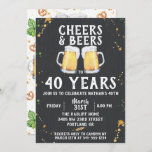 Cheers & Beers Birthday Party Invitation<br><div class="desc">Painted beer mugs on chalkboard background,  "CHEERS & BEERS",  Birthday Party Invitation. Pub style pattern on back features,  hops,  wheat,  beer glass,  beer mug and pretzels. Font colour and style can be customised.</div>