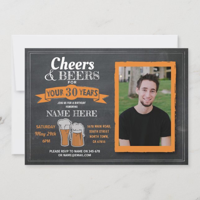 Cheers & Beers Birthday Photo Chalk Mens Invite (Front)