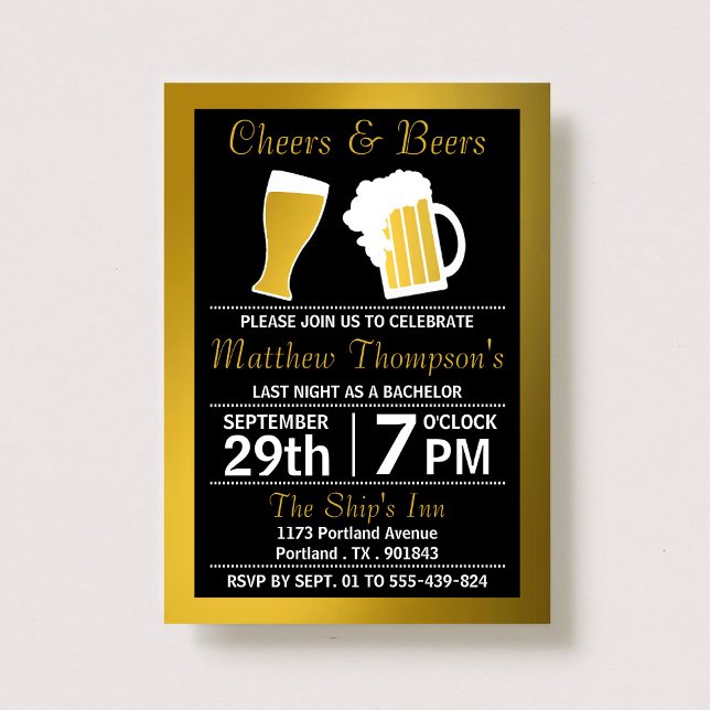 Cheers & Beers Black & Gold Bachelor Party Invitation (Creator Uploaded)