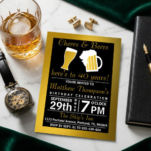 Cheers & Beers Black & Gold Birthday Party Invitation