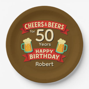 Cheers & Beers for 50 Years Happy Birthday NAME 9" Paper Plate