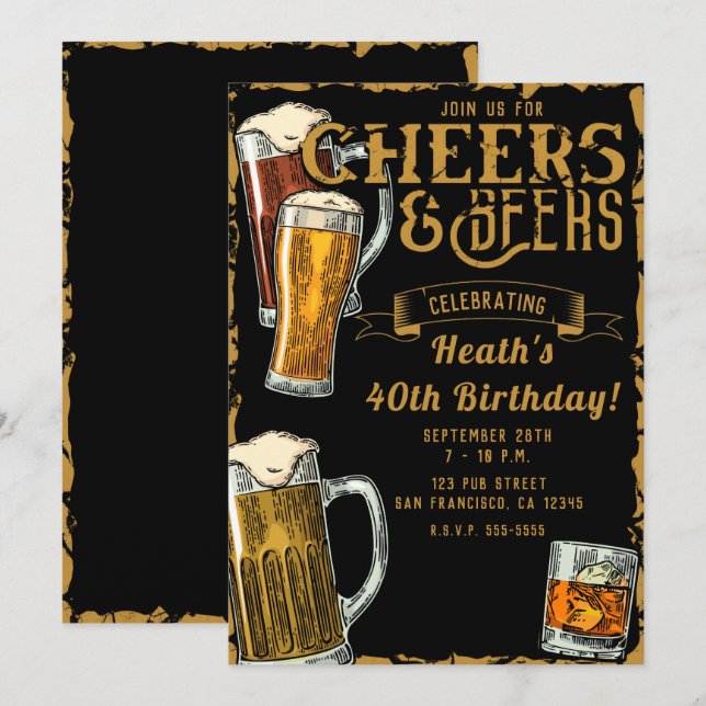 Cheers & Beers Gold Black Pub Bar Birthday Party Invitation (Front/Back)