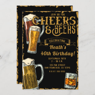 Cheers & Beers Gold Black Pub Bar Birthday Party Invitation
