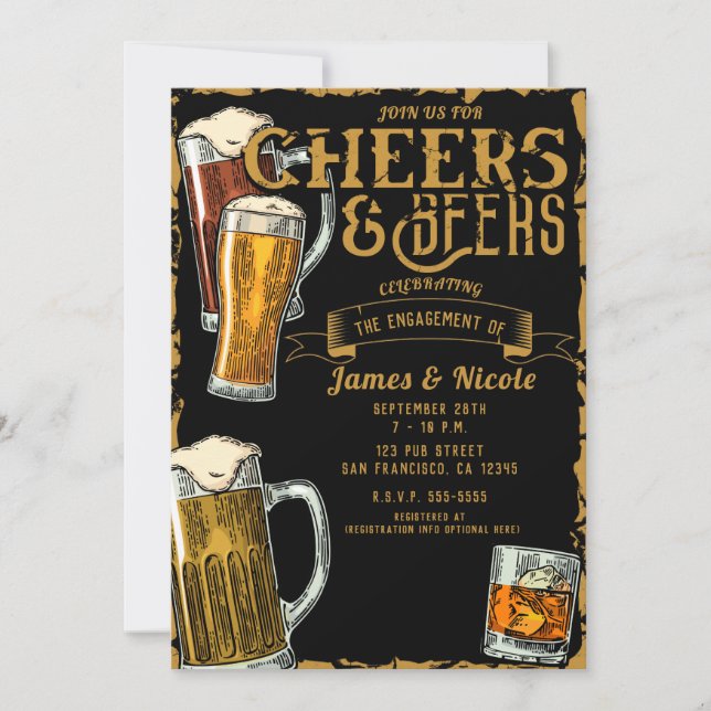 Cheers & Beers Gold Black Pub Bar Engagement Party Invitation (Front)