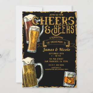 Cheers & Beers Gold Black Pub Bar Engagement Party Invitation
